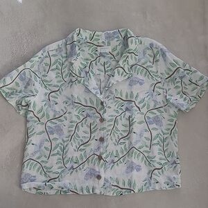Cynthia Rowley Linen Bird Print Button Front Blouse Womens Medium M Coastal Chic